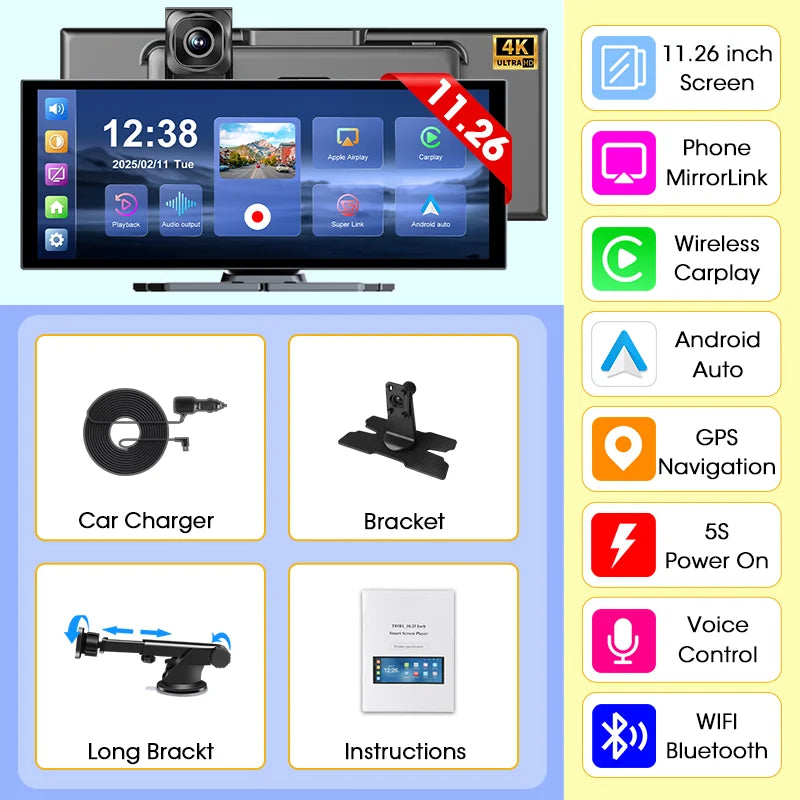 Develuck NEW 11.26 inch 4K DVR Wireless CarPlay and Android Auto Portable Dash Cam Car Screen Video Recorder 5G WIFI Navigation
