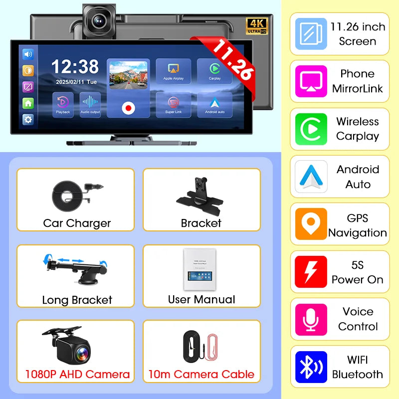 Develuck NEW 11.26 inch 4K DVR Wireless CarPlay and Android Auto Portable Dash Cam Car Screen Video Recorder 5G WIFI Navigation